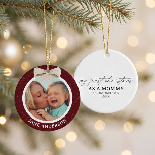 Mother’s First Christmas Photo White Bow CherryRed Ceramic Ornament