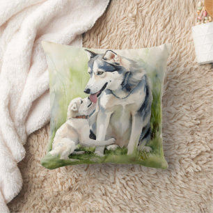 Mother Siberian Husky Dog Mom Paint Background Throw Pillow