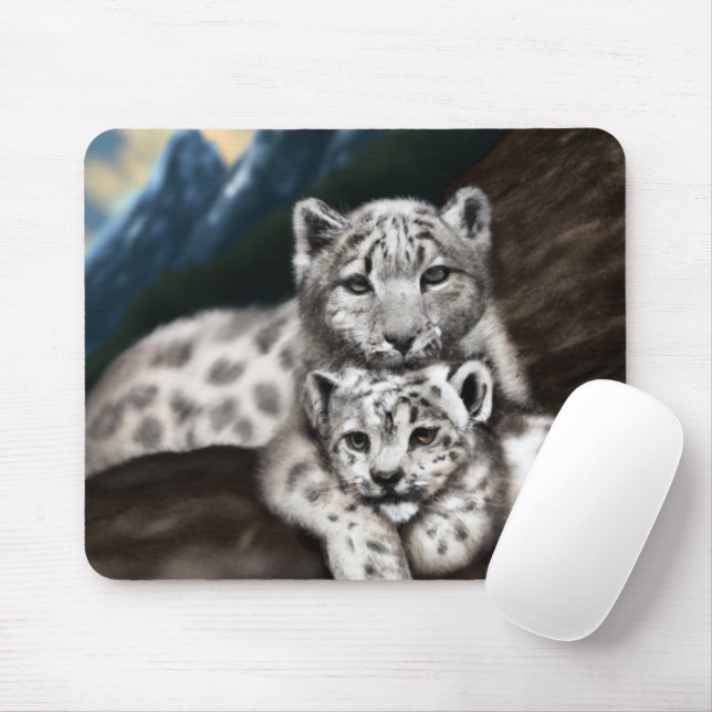 Mother Snow Leopard and Cub in the Mountains Mouse Pad (With Mouse)
