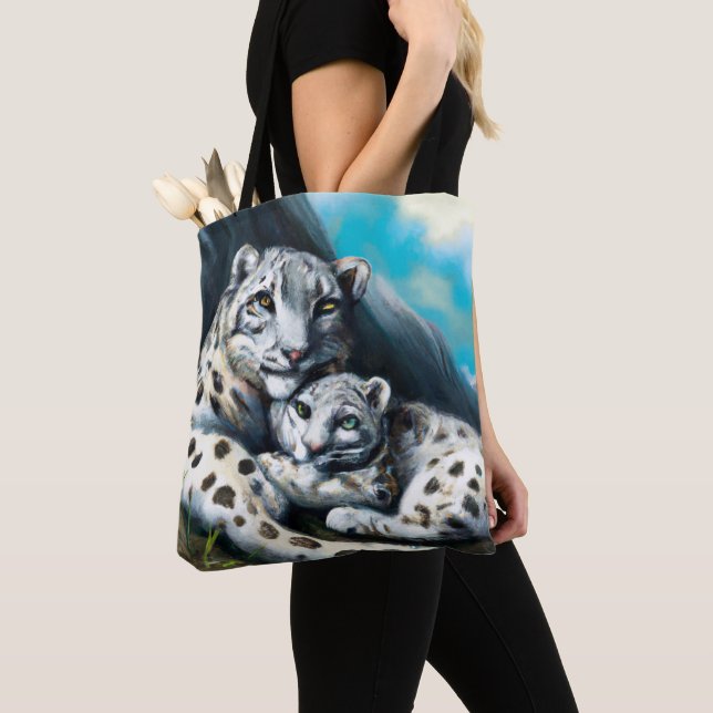 Mother Snow Leopard and Cub in the Mountains Tote Bag (Close Up)