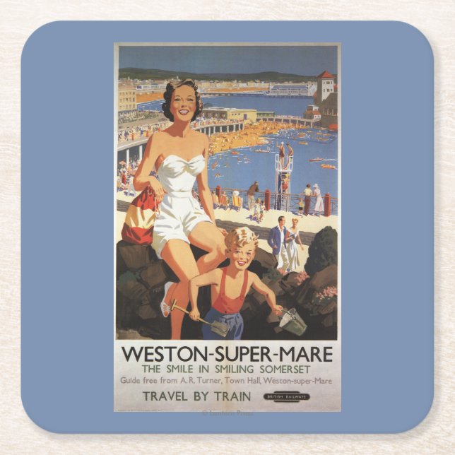 Mother & Son on Beach Railway Poster Square Paper Coaster (Front)