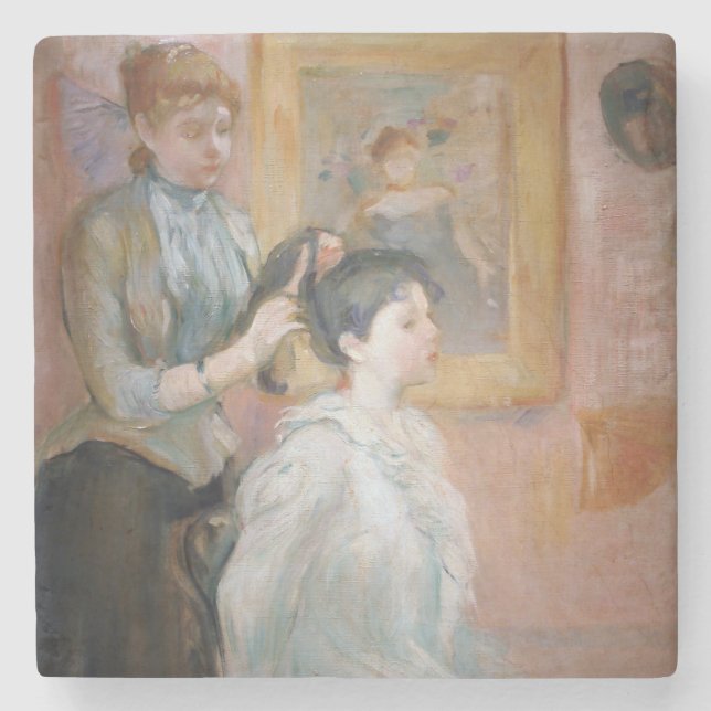 Mother Styling Daughter's Hair (by Berthe Morisot) Stone Coaster (Front)