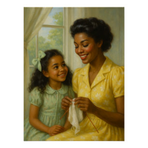 Mother Teaching Daughter to Knit Poster