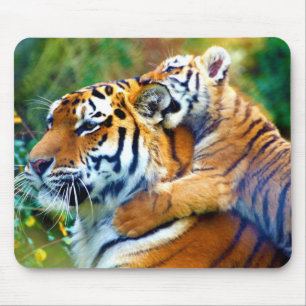 Mother Tiger with Baby Cub Climbing and Biting Ear Mouse Pad