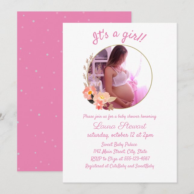 Mother-To-Be Round Photo Frame Baby Girl Shower Invitation (Front/Back)