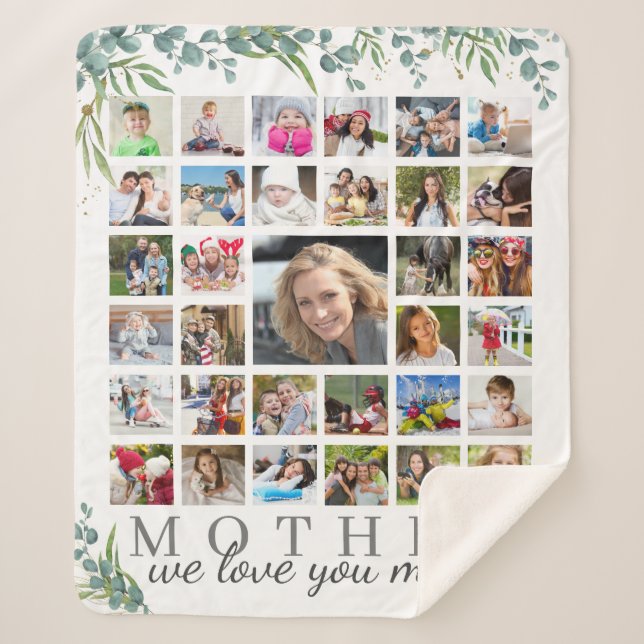 MOTHER We Love You 33 Photo Collage Botanical Sherpa Blanket (Front)