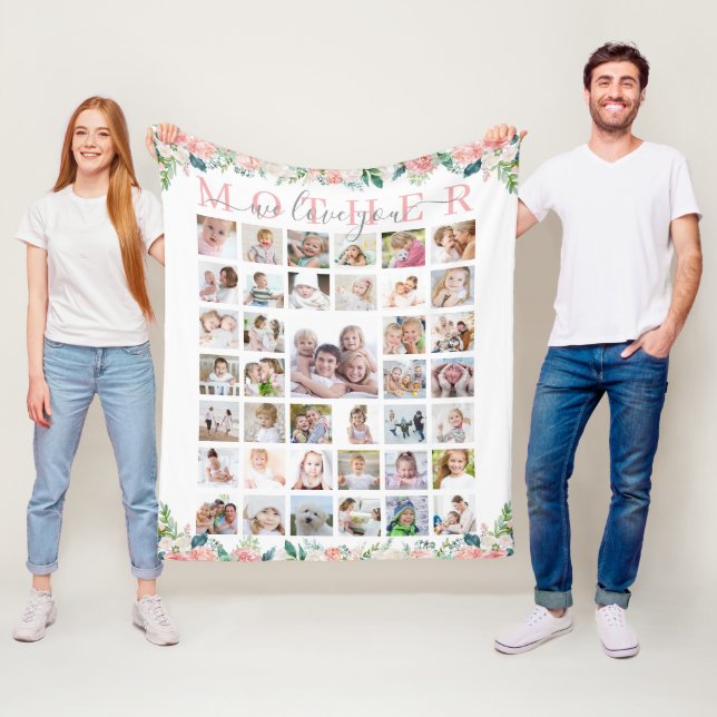 Mother We Love You 39 Photo Handwritten Floral Fleece Blanket (In Situ)