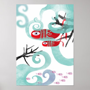 Mother whale new baby coral waves swirls canvas poster
