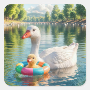 Mother White Duck With Duckling Square Sticker