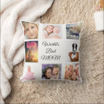 Mother white photo collage throw pillow<br><div class="desc">A gift for your mother celebrating her life with a collage of 8 photos.  Black text: World's Best MOM. Use photo of her,  children,  husband,  pets,  friends,  her dream travel destination. White background. Perfect as a Mother's Day gift or for birthdays and Christmas.</div>