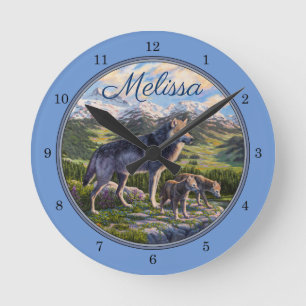 Mother Wolf and Pups Sky Blue Large Clock