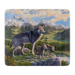 Mother Wolf & Pups Mountain River Valley Cutting Board