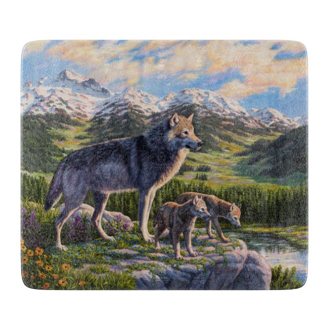 Mother Wolf & Pups Mountain River Valley Cutting Board (Front)