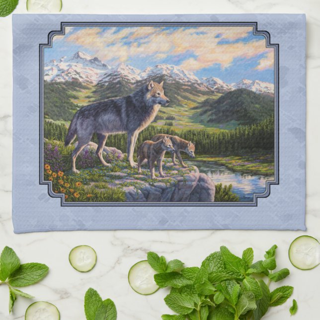 Mother Wolf & Pups Mountain River Valley Kitchen Towel (Folded)