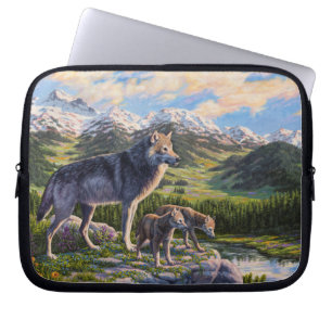 Mother Wolf & Pups Mountain River Valley Laptop Sleeve