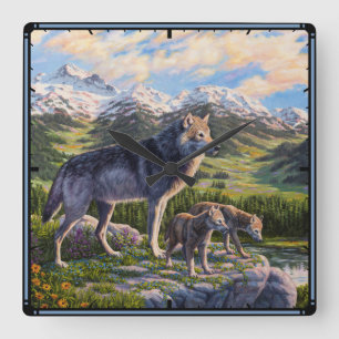 Mother Wolf & Pups Mountain River Valley Square Wall Clock