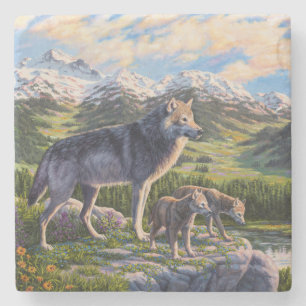 Mother Wolf & Pups Mountain River Valley Stone Coaster