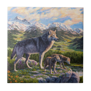 Mother Wolf & Pups Mountain River Valley Tile