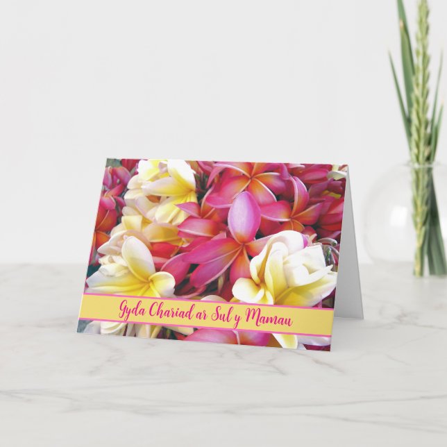 Mothering Sunday in Welsh Frangipani Flowers Card (Front)