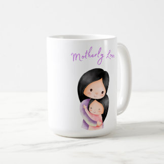 Motherly love-mom and daughter hugging coffee mug