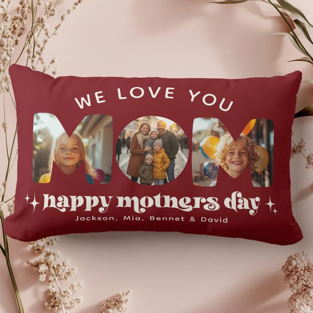 Mother's Day 3 Photo Custom Cute Retro Cherry Red Lumbar Pillow (Creator Uploaded)