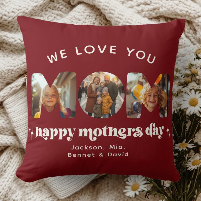Mother's Day 3 Photo Custom Cute Retro Cherry Red Throw Pillow (Creator Uploaded)