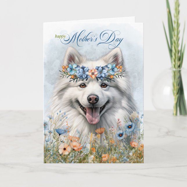 Mother's Day American Eskimo Dog with Wildflowers Holiday Card (Front)