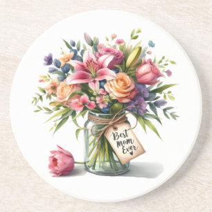 Mother's Day Best Mom Ever in Watercolor Coaster