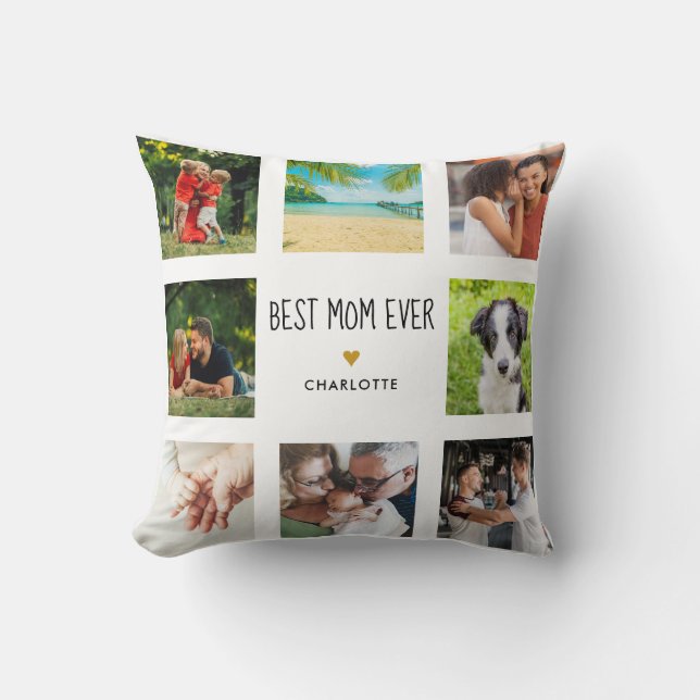Mothers Day Best Mom Ever Photo Collage Gold Heart Throw Pillow (Front)