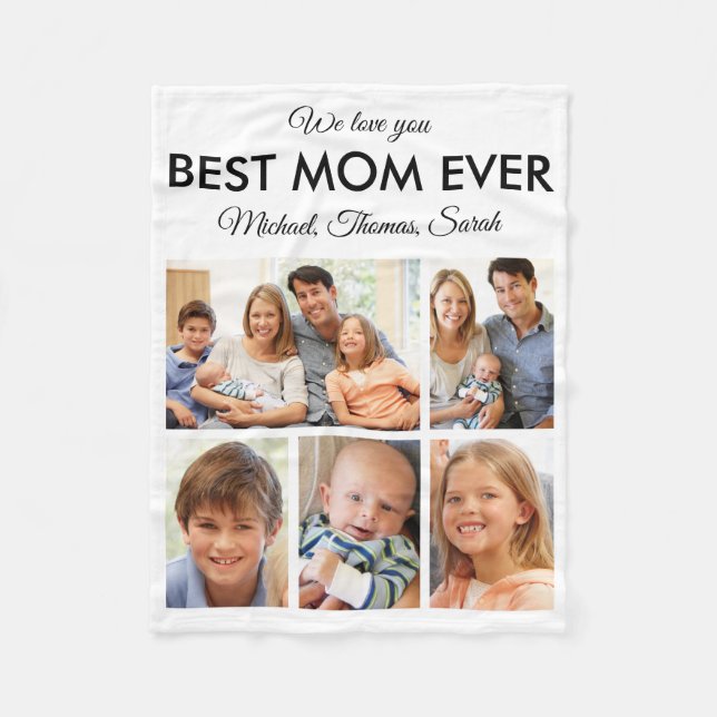 Mothers Day Best Mom Ever Trendy Photo Collage Fleece Blanket (Front)