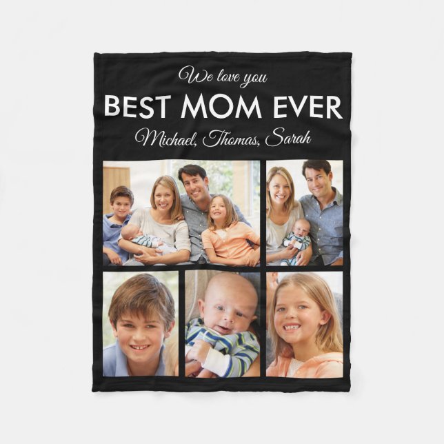 Mothers Day Best Mom Ever Trendy Photo Collage Fleece Blanket (Front)