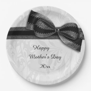 Mother's Day Black Damask and Faux Bow Paper Plate