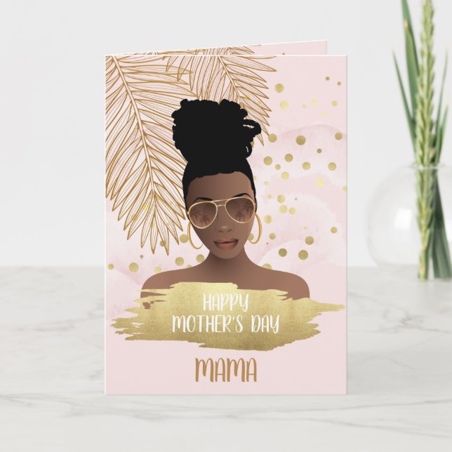 Mother's Day Black Woman, Gold Tropical Leaf, Pink Card (Front)