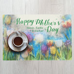 Mother's Day Breakfast Kids Names Watercolor Tulip Laminated Place Mat<br><div class="desc">Surprise mom with breakfast in bed, and stage the event with this lovely Spring Floral placemat! Personalized with her children's names, this colourful mat is oh so cheerful, blooming with watercolor tulips in purple, yellow and white against a bright blue sky. The floral scene without the greeting is on the...</div>