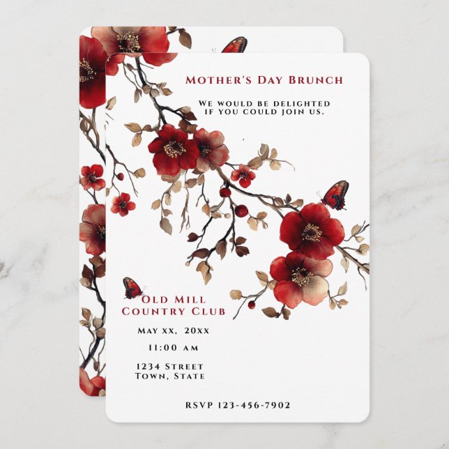  Mother's Day Brunch Red Flowers Butterflies Invitation (Front/Back)