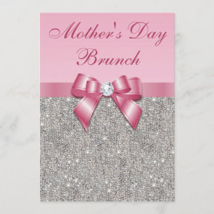 Mother's Day Brunch Silver Jewels Pink Faux Bow Invitation