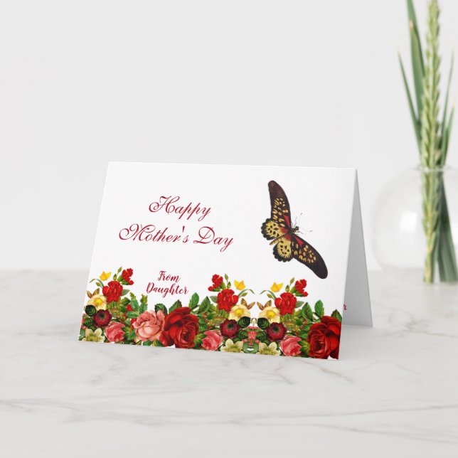 Mothers Day Butterfly Rustic Roses Burgundy Floral Card (Front)