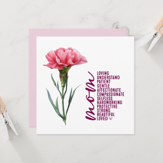 Mother's Day card with Pink Carnation  (Front/Back In Situ)