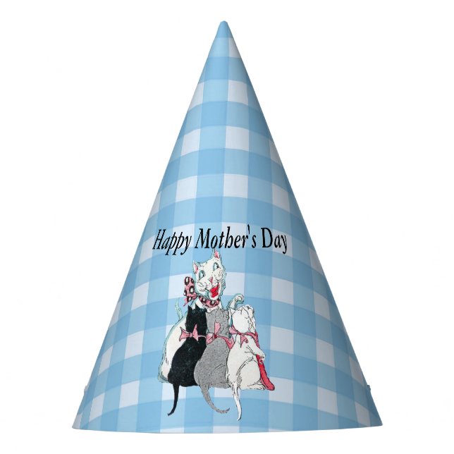 Mothers Day Cat With Her Three Kittens on Plaid Party Hat (Front)