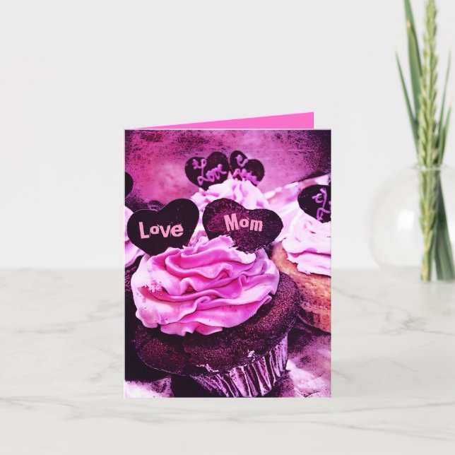 Mother's Day Cupcake Love Mom Pink Card (Front)