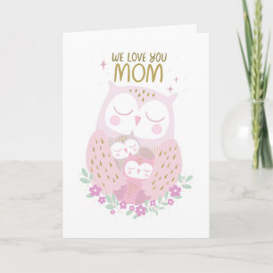 Mother's Day Cute Pastel Pink Purple Owls Card