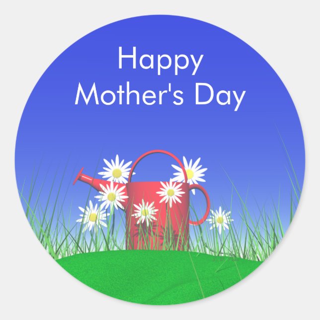 Mothers Day Daisies and Watering Can Classic Round Sticker (Front)