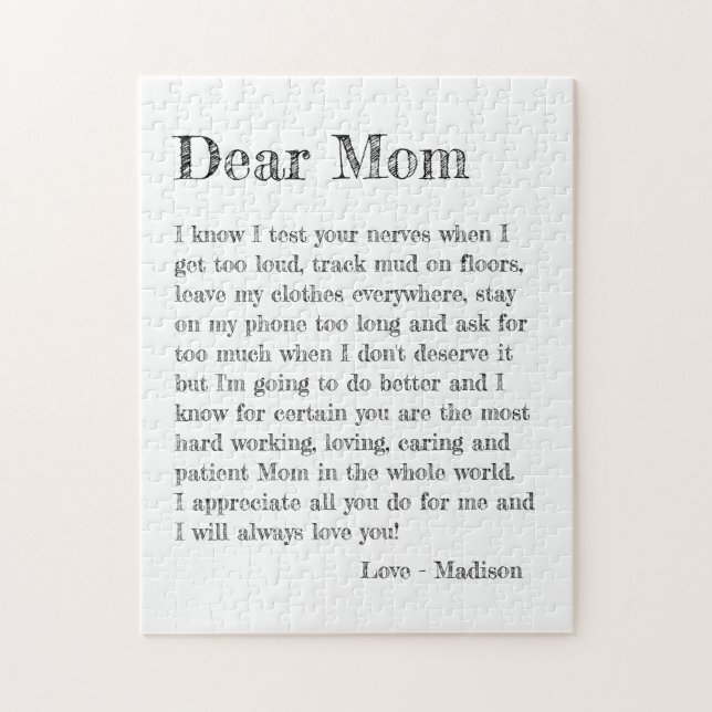 Mothers Day Dear Mom Letter Typography Jigsaw Puzzle (Vertical)