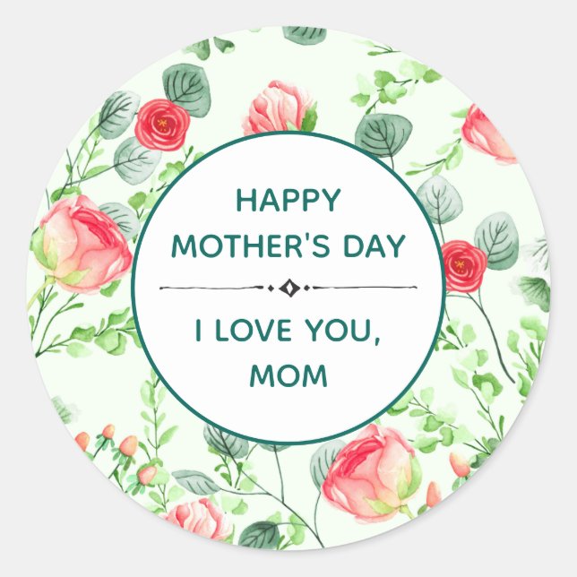 Mother's Day Delicate Pink Roses and Teal Leaves Classic Round Sticker (Front)