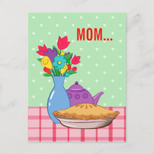 Mother's day design with flower,pie and teapot postcard