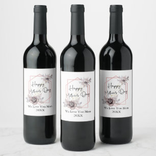 Mother's day Elegant Grey Pink Floral Personalized Wine Label