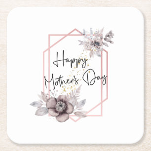 Mother's day Elegant Grey Pink Floral Square Paper Coaster