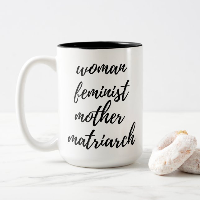 Mother's Day Feminist Handwritten Typography Black Two-Tone Coffee Mug (With Donut)