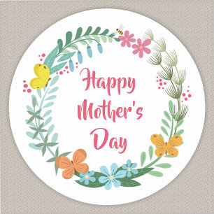 Mother's Day Floral Butterfly Wreath Garland Classic Round Sticker