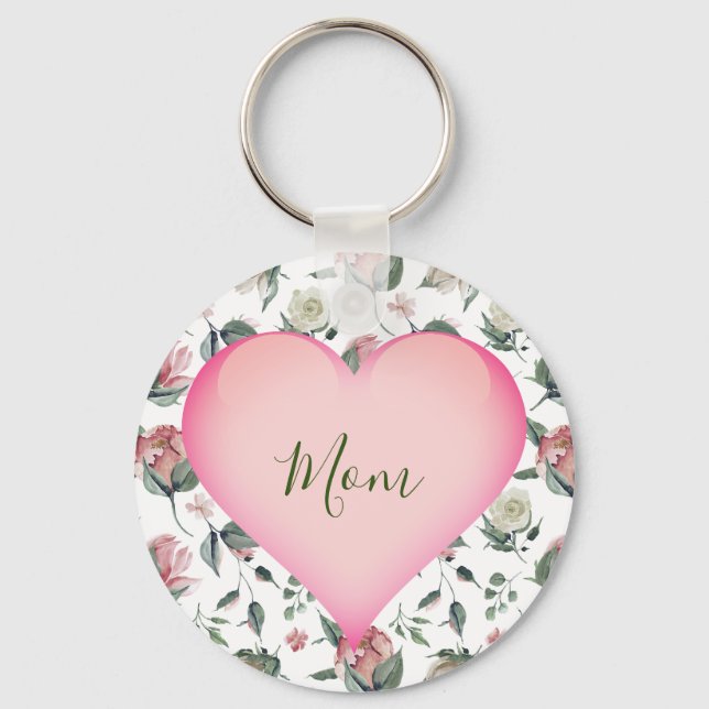 Mothers Day Floral Modern Pink Heart Personal Keychain (Front)